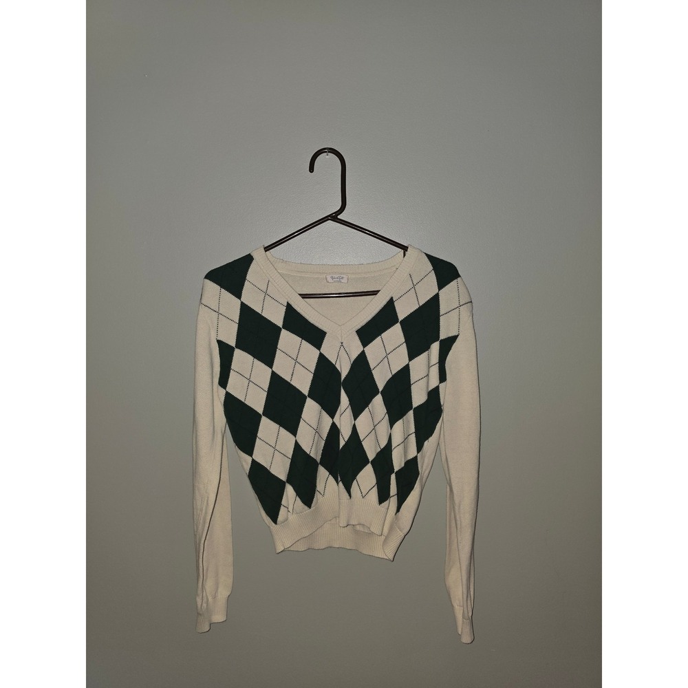 John Galt Brandy Melville Argyle V-Neck Cropped Sweater Cream Green One Size